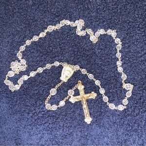 Vintage 19” Rosary Clear Crystal Beads Our Lady Of Lourdes - Catholic - Necklace